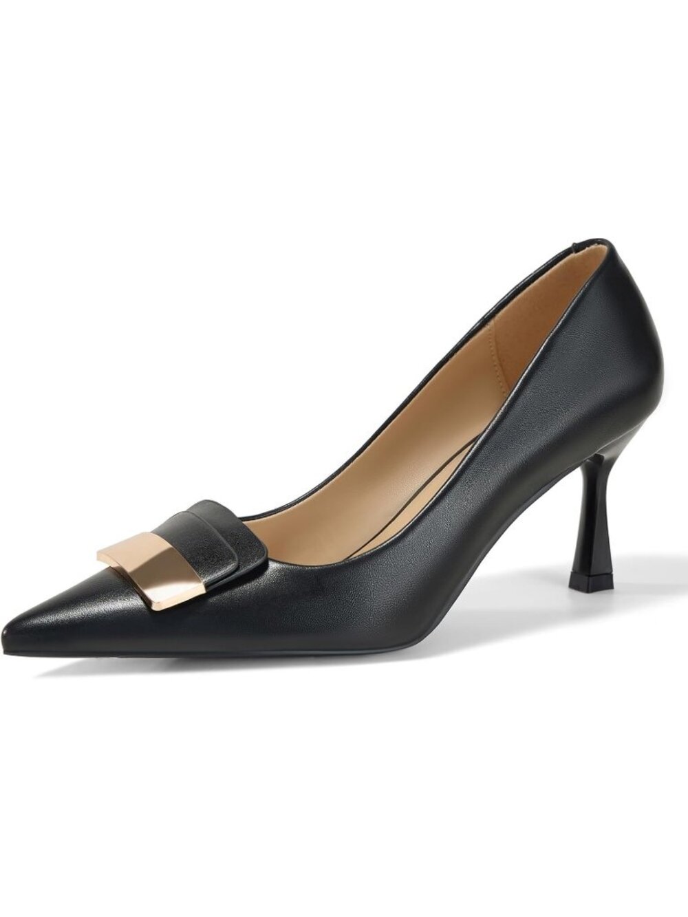 Women's Black Kitten Heels Lambskin Insole Pointed Toe Metal Deco Dressy Shoes